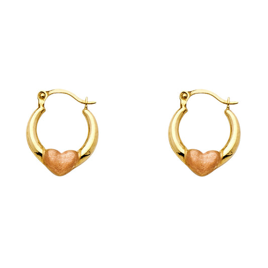 14K Two-Tone Gold Puff Heart Hoop Earrings aprox 1/2" in diameter