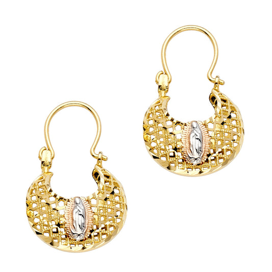 14K Tri-Color Gold Virgin Mary Filigree Hoop Earrings