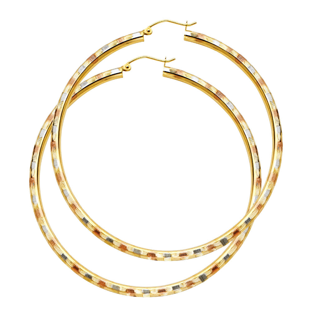 14K Tri-Color Gold Diamond-Cut Hoop Earrings 3mm thick aprox 2.5" in diameter
