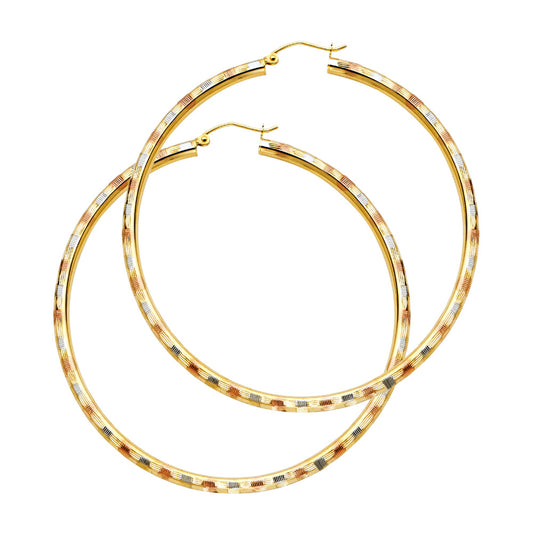 14K Tri-Color Gold Diamond-Cut Hoop Earrings 3mm thick aprox 2.2" in diameter