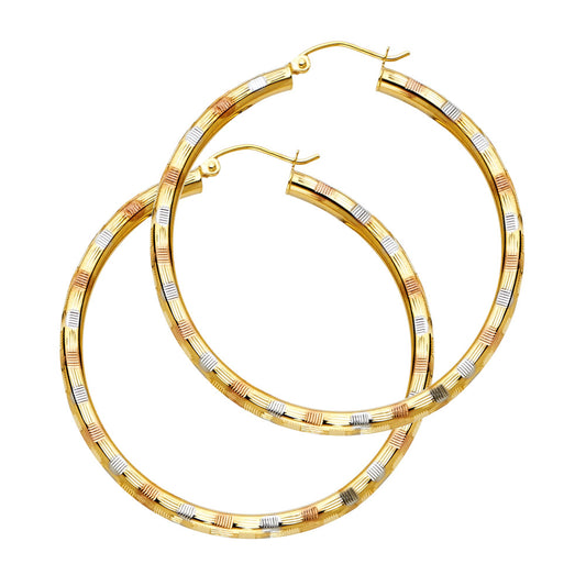14K Tri-Color Gold Diamond-Cut Hoop Earrings 3mm thick aprox 1 3/4" in diameter
