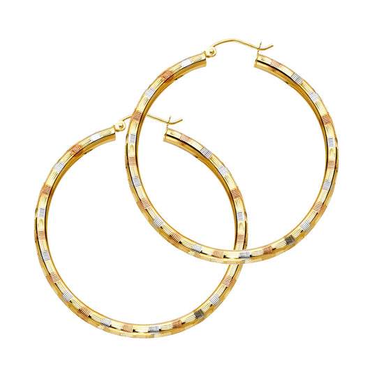 14K Tri-Color Gold Diamond-Cut Hoop Earrings 3mm thick aprox 1.5" in diameter