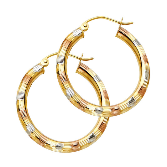 14K Tri-Color Gold Diamond-Cut Hoop Earrings 3mm thick aprox 1" in diameter