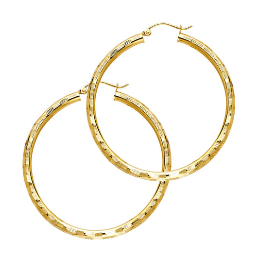 14K Yellow Gold Diamond-Cut Hoop Earrings 3mm thick aprox 1.5" in diameter