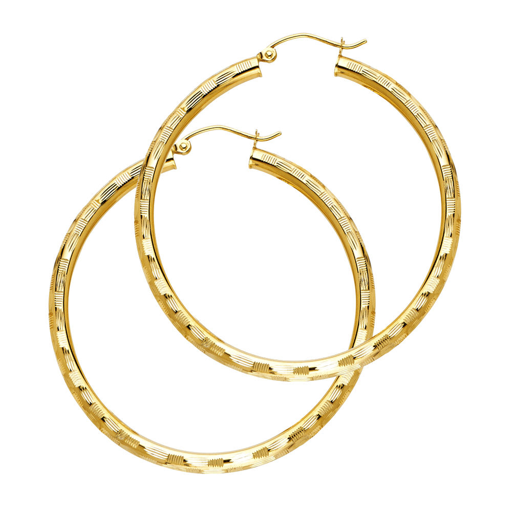 14K Yellow Gold Diamond-Cut Hoop Earrings 3mm thick aprox 1 3/4" in diameter