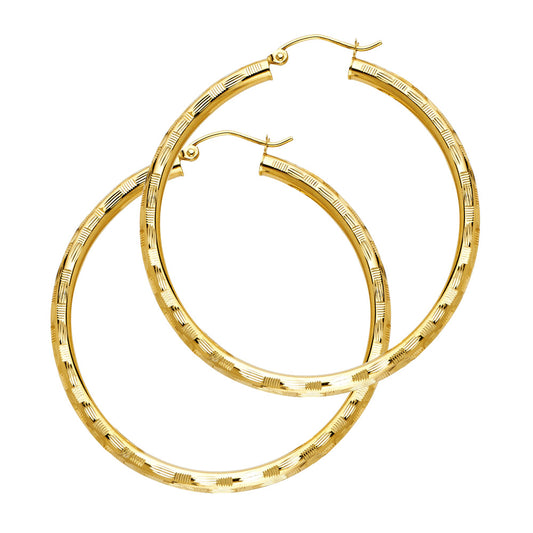 14K Yellow Gold Diamond-Cut Hoop Earrings 3mm thick aprox 1 3/4" in diameter