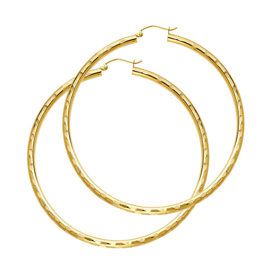 14K Yellow Gold Diamond-Cut Hoop Earrings 3mm thick aprox 2.2"in diameter