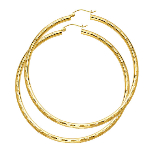 14K Yellow Gold Diamond-Cut Hoop Earrings 3mm thick aprox 2.2" in diameter