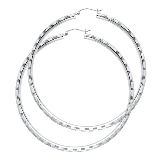 14K White Gold Diamond-Cut Hoop Earrings 3mm thick aprox 2.5" in diameter