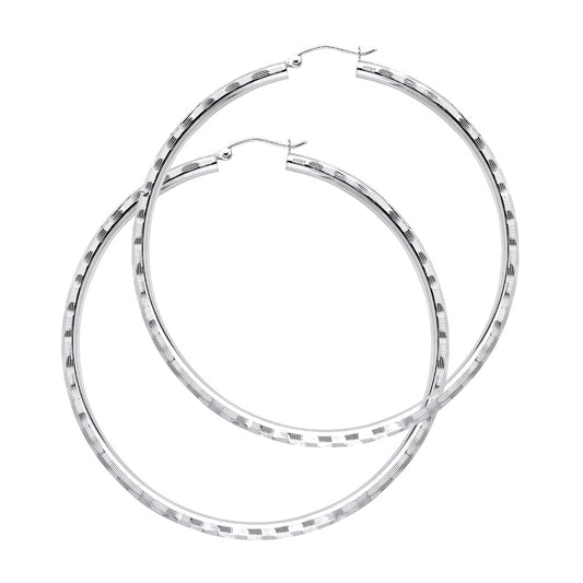 14K White Gold Diamond-Cut Hoop Earrings 3mm thick aprox 2.2" in diameter