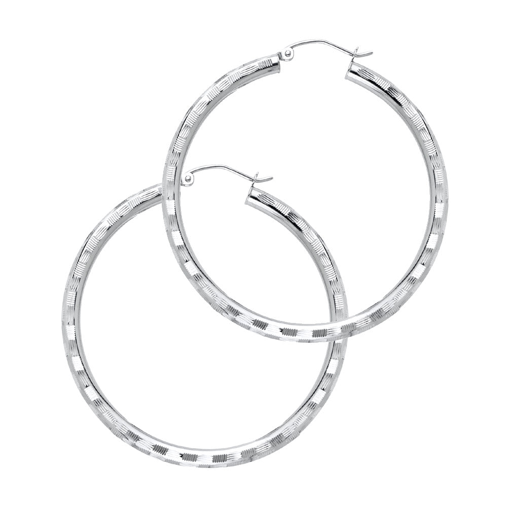 14K White Gold Diamond-Cut Hoop Earrings 3mm thick aprox 1 3/4" in diameter