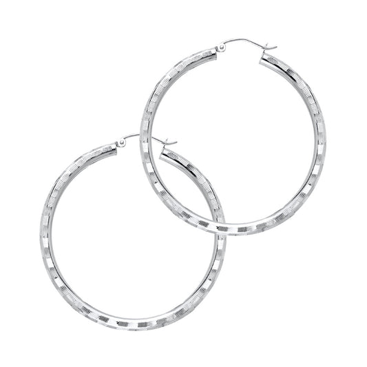 14K White Gold Diamond-Cut Hoop Earrings 3mm thick aprox 1.5" in diameter