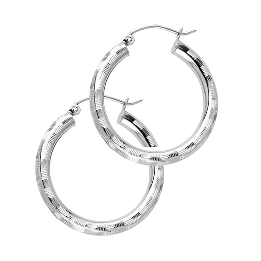 14K White Gold Diamond-Cut Hoop Earrings 3mm thick aprox 1" in diameter