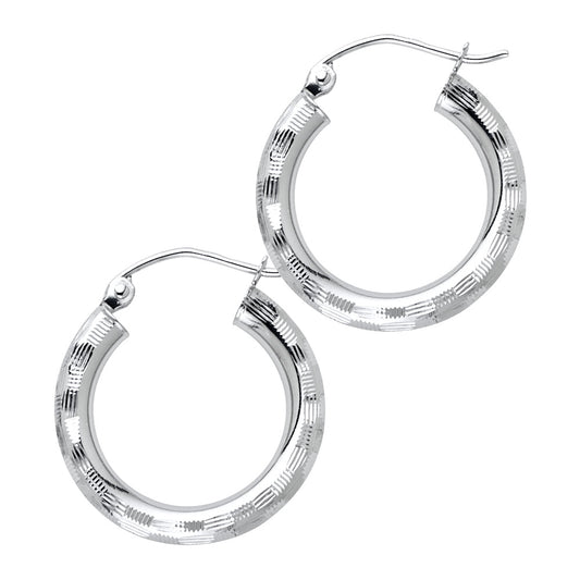 14K White Gold Diamond-Cut Hoop Earrings 3mm thick aprox 3/4" in diameter