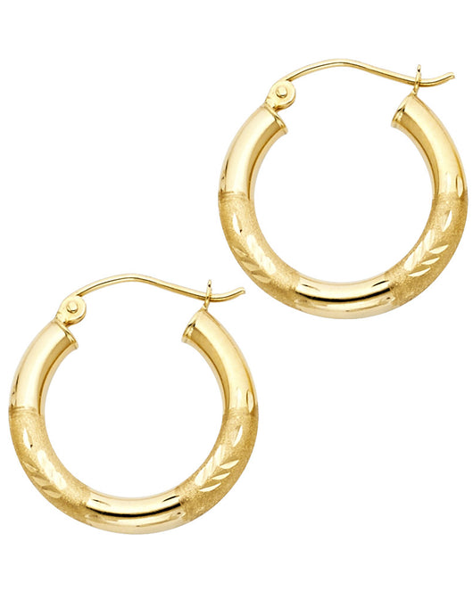 14K Yellow Gold Hollow Satin-Finish / Diamond Cut Hoop Earrings  3.0mm Thick Aprox 0.8