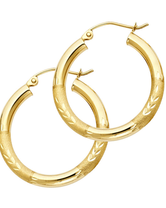 14K Yellow Gold Hollow Satin-Finish / Diamond Cut Hoop Earrings  3.0mm Thick Aprox 1.0