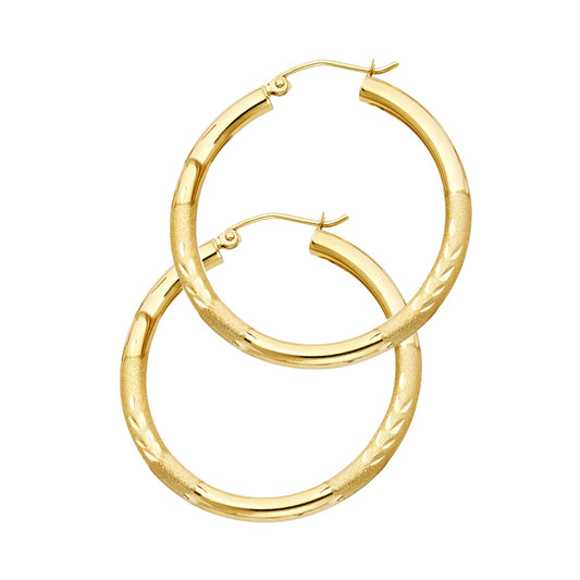 14K Yellow Gold Hollow Satin-Finish / Diamond Cut Hoop Earrings  3.0mm Thick Aprox 1.2" in Diameter