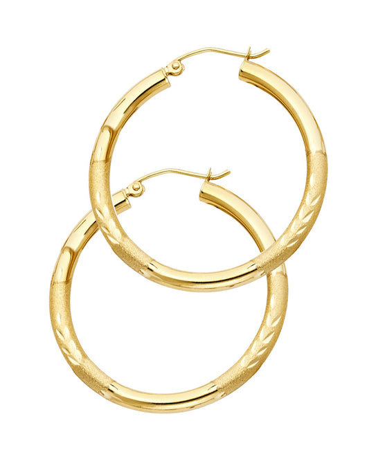 14K Yellow Gold Hollow Satin-Finish / Diamond Cut Hoop Earrings  3.0mm Thick Aprox 1.2