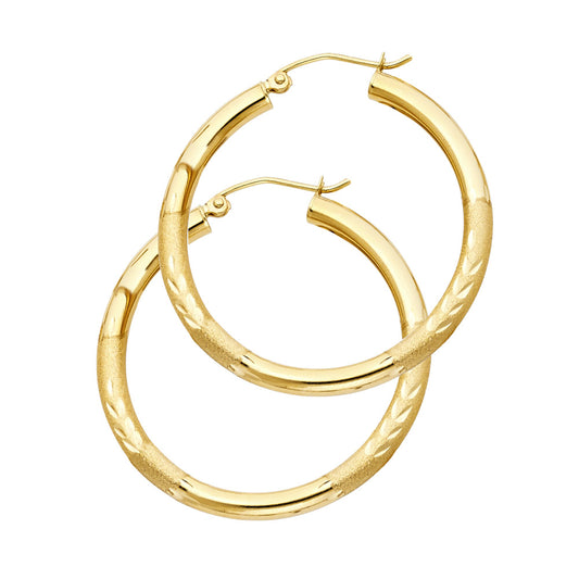 14K Yellow Gold Hollow Satin-Finish / Diamond Cut Hoop Earrings  3.0mm Thick Aprox 1.4" in Diameter