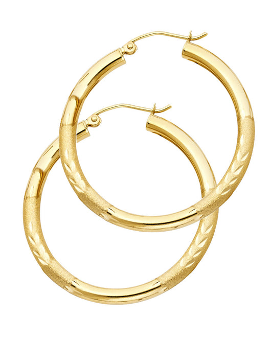 14K Yellow Gold Hollow Satin-Finish / Diamond Cut Hoop Earrings  3.0mm Thick Aprox 1.4
