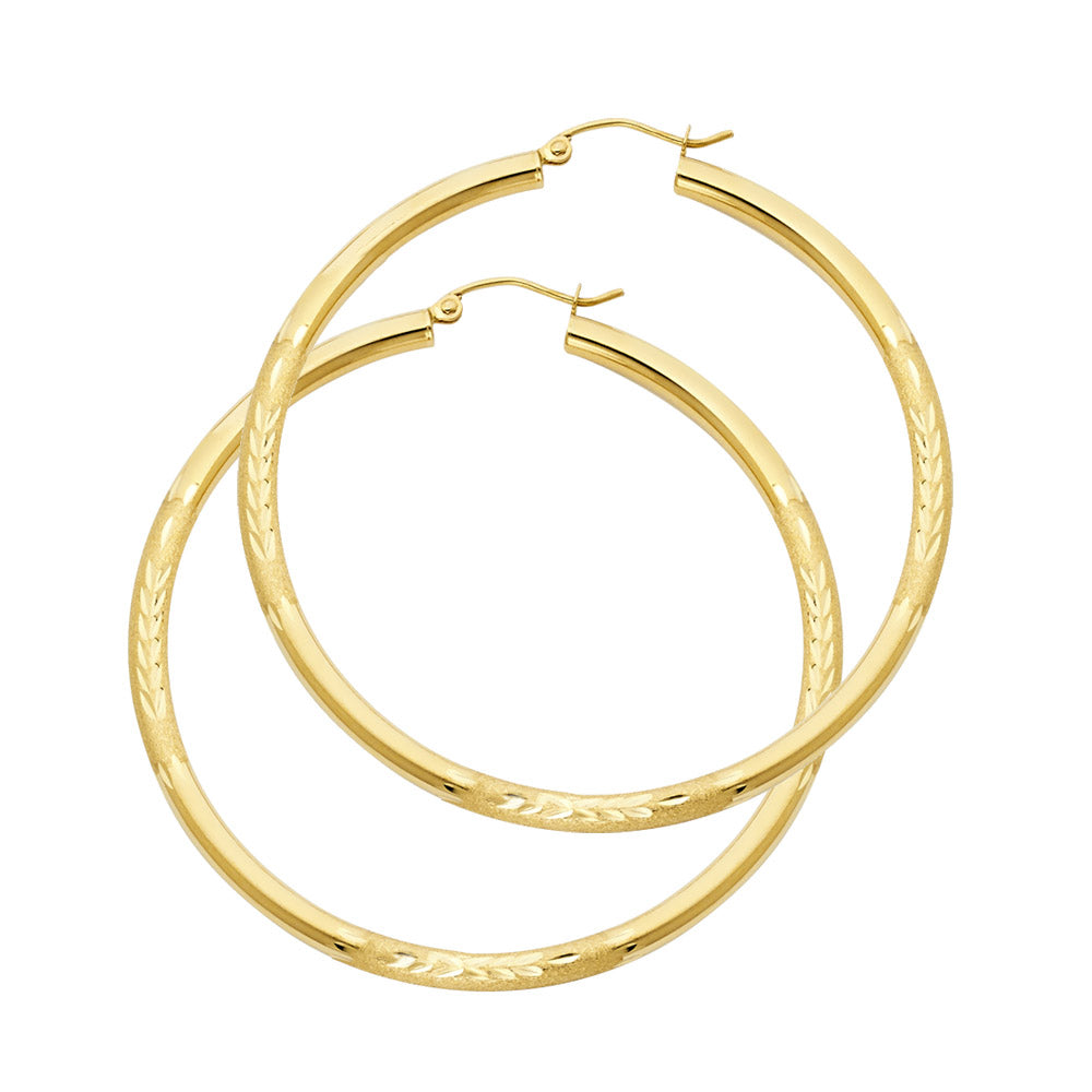 14K Yellow Gold Hollow Satin-Finish / Diamond Cut Hoop Earrings  3.0mm Thick Aprox 1.8" in Diameter