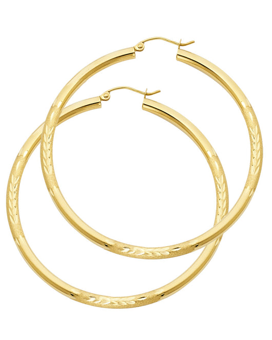 14K Yellow Gold Hollow Satin-Finish / Diamond Cut Hoop Earrings  3.0mm Thick Aprox 1.8