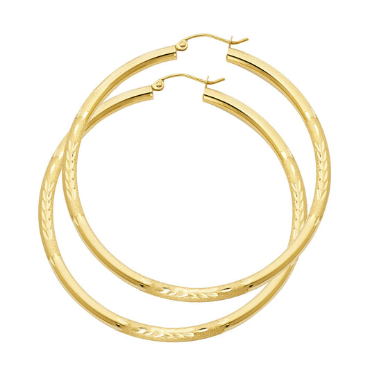 14K Yellow Gold Hollow Satin-Finish / Diamond Cut Hoop Earrings  3.0mm Thick Aprox 2.2" in Diameter