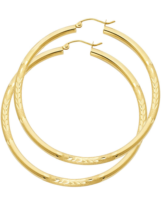 14K Yellow Gold Hollow Satin-Finish / Diamond Cut Hoop Earrings  3.0mm Thick Aprox 2.2