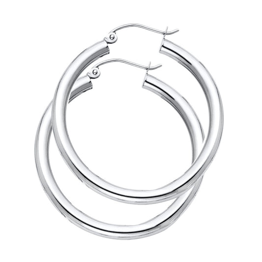 14K White Gold Hollow Hoop Earrings 3.0mm Thick Aprox 1.4" in Diameter