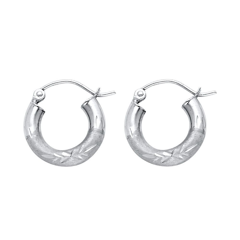 14K White Gold Hollow Satin-Finish / Diamond Cut Hoop Earrings  3.0mm Thick Aprox 0.6" in Diameter