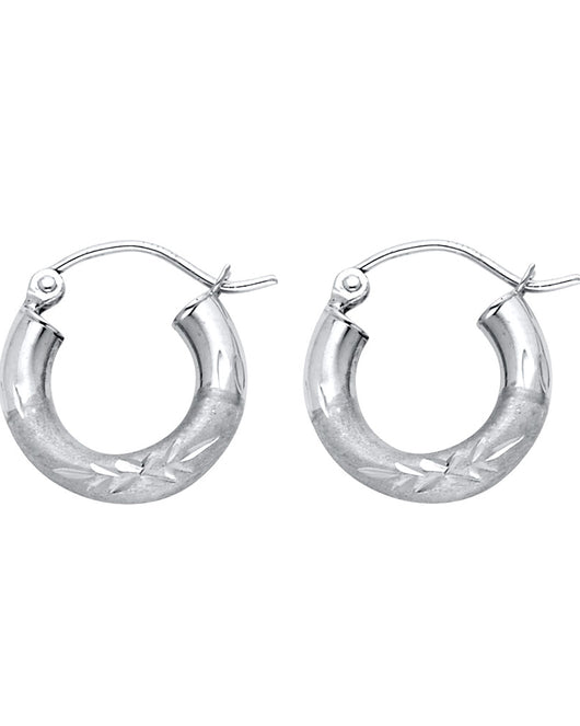14K White Gold Hollow Satin-Finish / Diamond Cut Hoop Earrings  3.0mm Thick Aprox 0.6