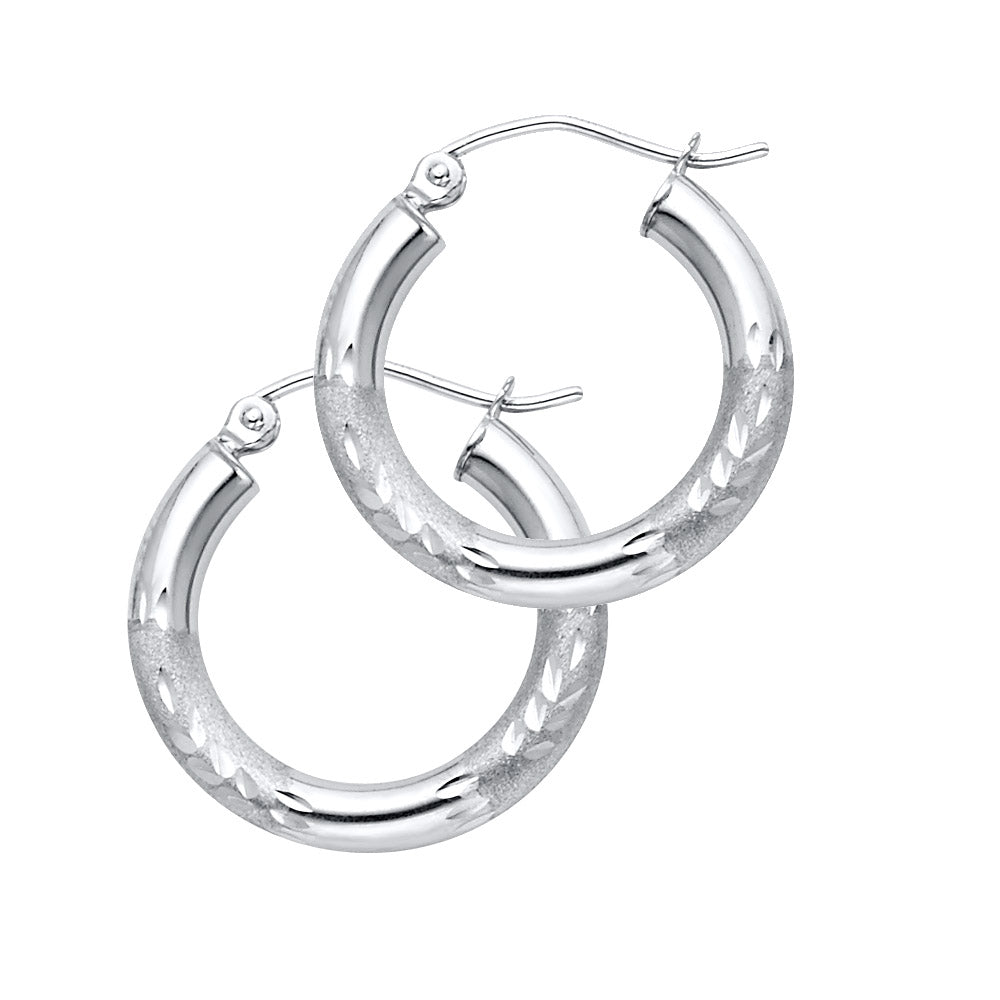 14K White Gold Hollow Satin-Finish / Diamond Cut Hoop Earrings  3.0mm Thick Aprox 0.8" in Diameter