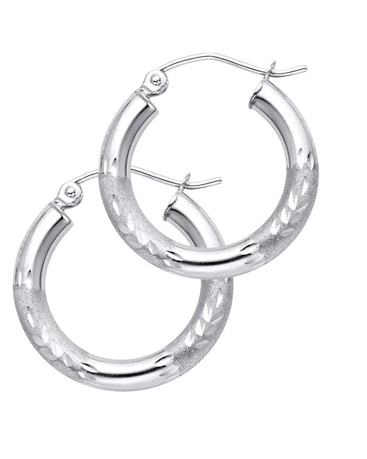 14K White Gold Hollow Satin-Finish / Diamond Cut Hoop Earrings  3.0mm Thick Aprox 0.8
