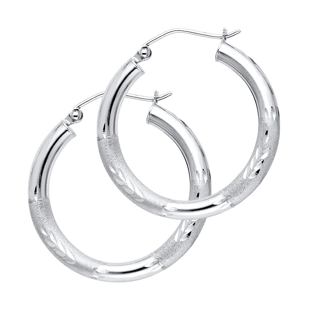 14K White Gold Hollow Satin-Finish / Diamond Cut Hoop Earrings  3.0mm Thick Aprox 1.0" in Diameter