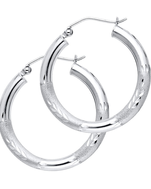 14K White Gold Hollow Satin-Finish / Diamond Cut Hoop Earrings  3.0mm Thick Aprox 1.0