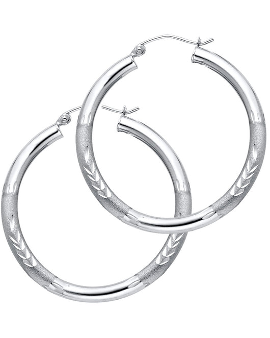 14K White Gold Hollow Satin-Finish / Diamond Cut Hoop Earrings  3.0mm Thick Aprox 1.2