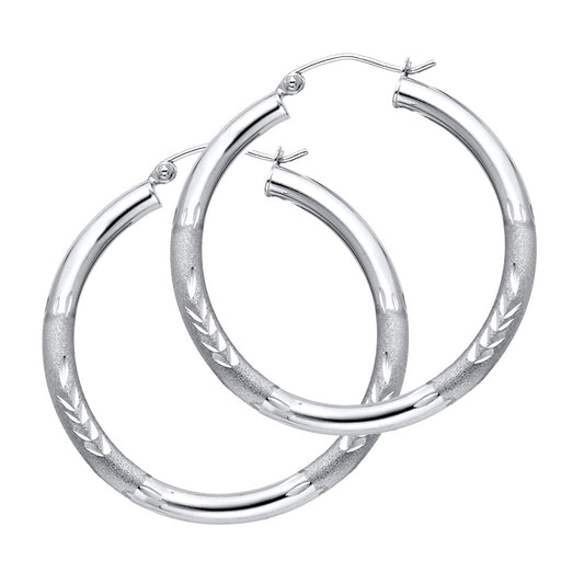 14K White Gold Hollow Satin-Finish / Diamond Cut Hoop Earrings  3.0mm Thick Aprox 1.4" in Diameter