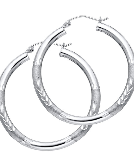 14K White Gold Hollow Satin-Finish / Diamond Cut Hoop Earrings  3.0mm Thick Aprox 1.4