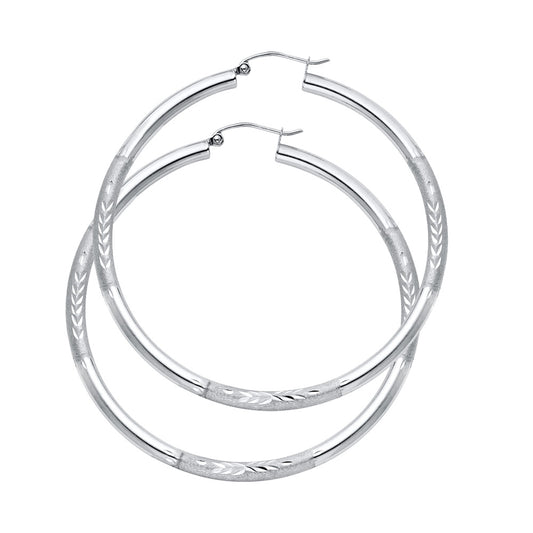 14K White Gold Hollow Satin-Finish / Diamond Cut Hoop Earrings  3.0mm Thick Aprox 1.8" in Diameter