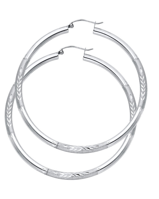 14K White Gold Hollow Satin-Finish / Diamond Cut Hoop Earrings  3.0mm Thick Aprox 1.8