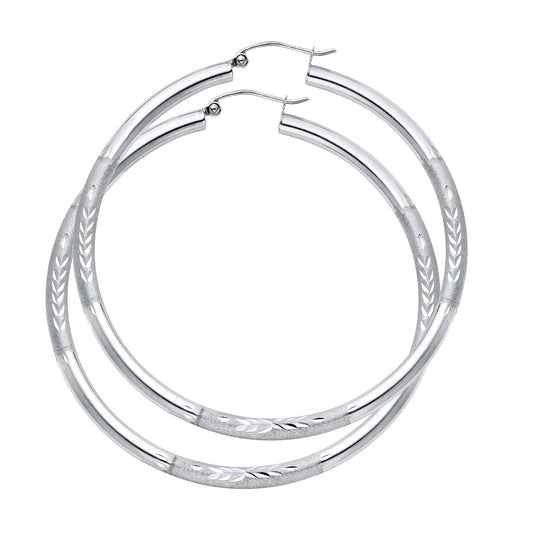 14K White Gold Hollow Satin-Finish / Diamond Cut Hoop Earrings  3.0mm Thick Aprox 2.2" in Diameter