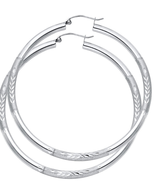 14K White Gold Hollow Satin-Finish / Diamond Cut Hoop Earrings  3.0mm Thick Aprox 2.2