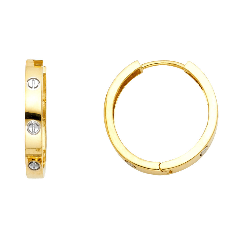 14K Two-Tone Gold High-Polished Screw Motif Hoop Earrings aprox 1/2" in diameter
