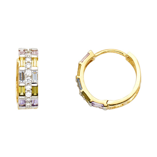 14K Yellow Gold Multicolor Baguette and Round CZ Huggie Earrings