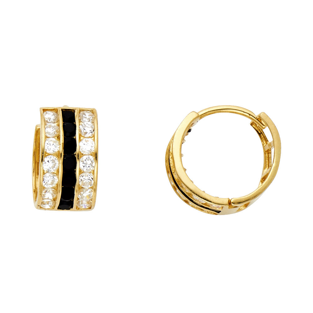 14K Yellow Gold 3-Line Black and White CZ Hoop Earrings aprox 1/2" diameter