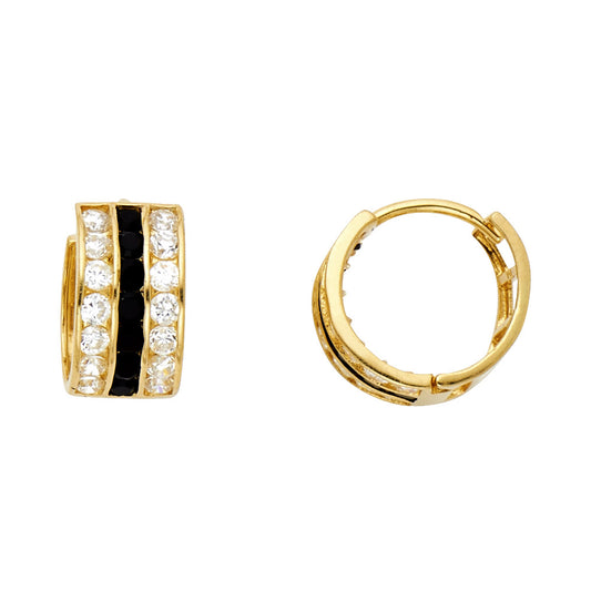 14K Yellow Gold 3-Line Black and White CZ Hoop Earrings aprox 1/2" diameter
