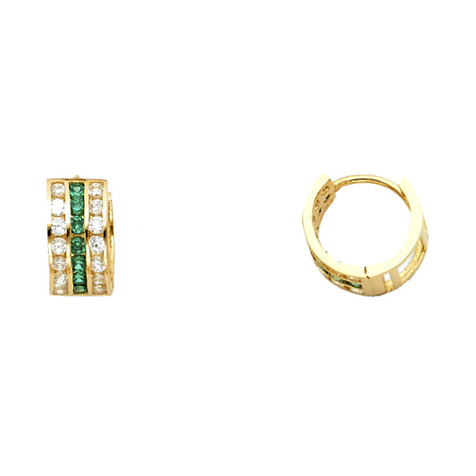 14K Yellow Gold 3-Line Green and White CZ Hoop Earrings aprox 1/2" diameter