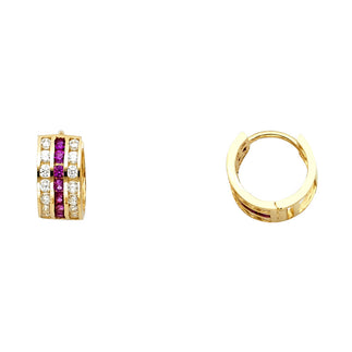 14K Yellow Gold 3-Line Red and White CZ Hoop Earrings aprox 1/2