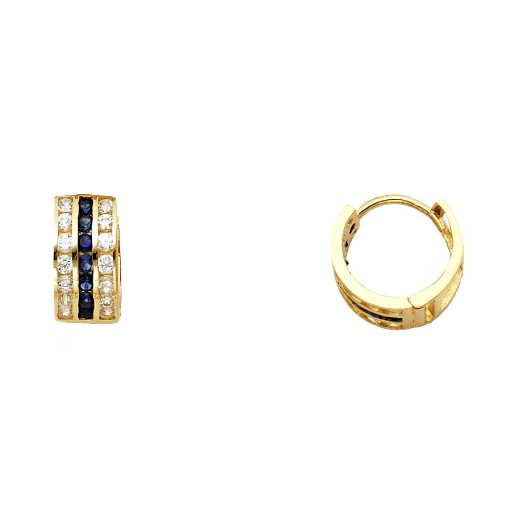 14K Yellow Gold 3-Line Blue and White CZ Hoop Earrings aprox 1/2" diameter
