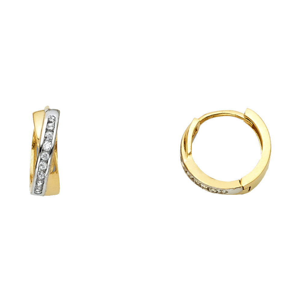 14K Two-Tone Gold Crossover Hoop CZ Earrings
